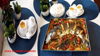 Poisson et légumes au four  la sauce au beurre citronnée  سمك في الفرن مع صلصة الزبدة وصفة اروبية [upl. by Lasala]