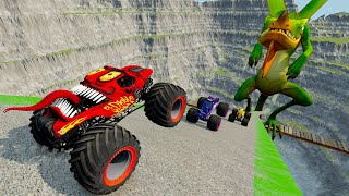 Monster Trucks Jam Cars Vs Impossible Obstacle Course Bridge over Lava from Volcano [upl. by Noland921]