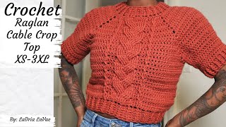 Crochet Raglan Cable Crop Top XS3XL  PATTERN [upl. by Valora]