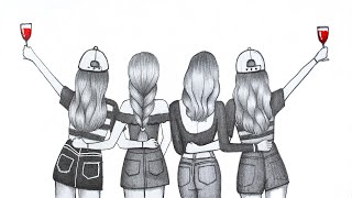 How to draw a Four Friend Pencil sketch  Step by Step drawing  Girls Friendship  Easy drawing [upl. by Eittol]