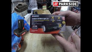 LidlParkside 12V Cordless LED Worklight Torch PLLA 12 B2 amp 4Ah battery and charger Review [upl. by Ellenid]