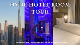 Hyde Hotel Dubai Room Tour  Canal Views  Burj Khalifa Views [upl. by Nomolas]