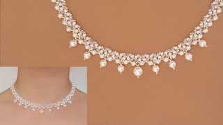 Classic White Pearl and Crystal Beaded Necklace DIY Wedding Jewelry Beading Tutorial 白珍珠串珠项链 [upl. by Llehsim]