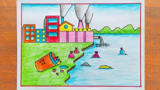 Water Pollution Drawing  Environment Pollution Scenery Drawing Easy Steps  Stop Pollution Drawing [upl. by Nele]