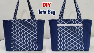 SHOPPING BAG CUTTING AND STITCHING  DIY Zippered Tote Bag Sewing Tutorial  Cloth bag making  Bags [upl. by Odelle399]