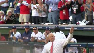 Nolan Ryan throws out 1st pitch to Pudge Rodriguez Game 3 2010 World Series Texas SF [upl. by Adnarrim649]