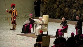 Pope Benedict XVI addresses weekly general audience [upl. by Sekoorb]