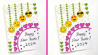 New Year card 2024  Emoji New Year card Ideas  Beautiful White Paper New Year Card Handmade Card [upl. by Eisset]