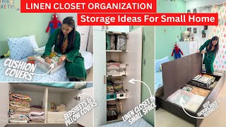 My Organized Linen Closet in Small Home  Organize your Bedsheets Curtains Cushion Covers amp More [upl. by Ennirak876]