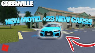 NEW MOTEL  23 NEW CARS  Roblox Greenville [upl. by Akenom]