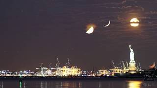 Three Moons and a Statue  A MoonStack Timelapse of the crescent moon half full and full moon [upl. by Adnawt]