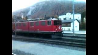 RhB 2012 Güterzug verlässt den Bahnhof Samedan Richtung Albula [upl. by Dlanger543]