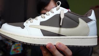 Travis Scott Jordan 1 Low Reverse Mocha From DHGate  Review  On Foot [upl. by Nimesay732]