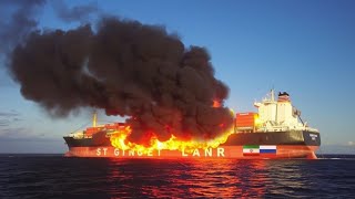 The explosion of the largest cargo ship owned by RUSSIA which was hit by a US F16 bomb [upl. by Ahsemrac]