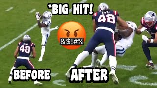 Gardner Minshew throws HOSPITAL PASS 😨HELMET TO HELMET HIT Patriots Vs Colts 2023 highlights [upl. by Novikoff]