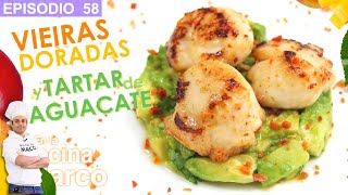 Vieiras doradas con tartare de avocado y polvo de coral  Receta Italiana  Zamburiñas [upl. by Annayoj]