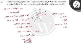 In the adjoining figure three coplanar lines AB CD and EF intersect at a point O Find the val [upl. by Yelrihs278]