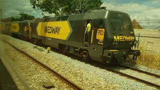 Passing Medway 4700  4724  4708 and class 5600  5627 near Lisbon Barreiro Station 170524 [upl. by Nairot]