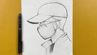 Easy to draw  How to draw a boy wearing a hat n face mask [upl. by Llerrac]