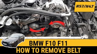 How to remove auxiliary belt BMW N57 N47 530d 520d F10 F11 alternator belt removal 330d belt change [upl. by Aynwat]