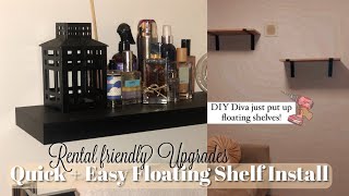 DIY FLOATING SHELVES Simple and Easy Install   Studio Apartment Rental Friendly Upgrade DIY DIVA [upl. by Ater595]