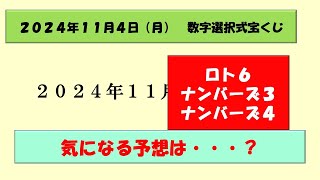 2024年11月4日 数字選択式宝くじ予想 ナンバーズ3 ナンバーズ4 ロト6 ロト7 ビンゴ5 宝くじ [upl. by Wojak]