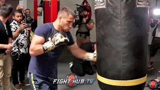 VASYL LOMACHENKO THROWING BEAUTIFUL HOOKS ON HEAVY BAG AS HE TRAINS FOR JORGE LINARES [upl. by Norty104]