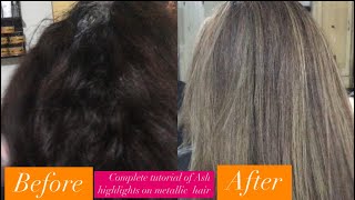 Ash silver grey highlights  complete tutorial stepbystep metallic hair  box dye user [upl. by Minette]