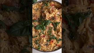 Tomato Basil Orzo with Chicken Sausage Recipe on emmasplatecom recipe food [upl. by Arracot]