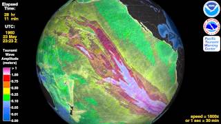 Tsunami Animation Valdivia Chile 1960 rotating globe [upl. by Llewen]