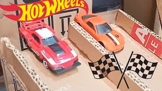 Hotwheels diecast racing on a cardboard track  DIY track [upl. by Sicnarf]