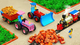 Diy tractor mini Bulldozer repairing Train Tracks  mini Tractor transporting mini Bricks  HP Mini [upl. by Altaf]