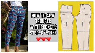 HOW TO CUT AND SEW A FEMALE TROUSER WITH POCKETS  PANT TUTORIAL  DIY [upl. by Beach431]