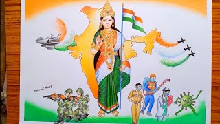 Independence Day Special Drawing Bharat Mata Indian Army and Corona Warriors [upl. by Ravaj]