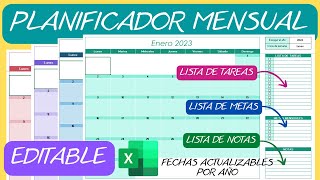 Planificador Mensual📆Editable Perpetuo en Excel✅Calendario Agenda [upl. by Adnic]