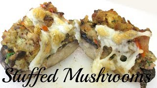 Stuffed Portobello Mushrooms  Breading Bell Pepper Bacon and cheese  PoorMansGourmet [upl. by Sinnel839]