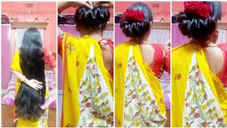 Long hair combing and then I make a long hairstyle with artificial flowerrose comb clip hairstyle [upl. by Ahsinra]