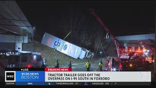 Tractortrailer crashes off overpass on I95 south in Foxboro [upl. by Bodi]