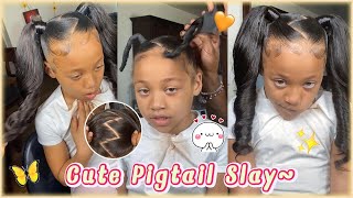 🍬How To Sleek Double Ponytail w Weave On Natural Hair  Zig Zag Middle Part For Kid Styles [upl. by Llenhoj]