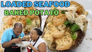 5 MIN FULLY LOADED Seafood Baked Potato Shrimp Lobster and Crab [upl. by Clayborne]