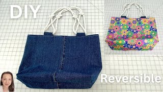 DIY Reversible Tote Bag  Denim Jeans Bag with Rope Straps [upl. by Anahsar272]