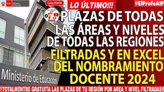 📢📢PLAZAS DE TODAS LOS NIVELES Y ÁREAS DEL NOMBRAMIENTO DOCENTE 2024 FILTRADAS Y EN FORMATO EXCEL [upl. by Kial]