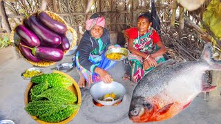 FISH CURRY with BRINJAL and KARELA VAJI recipe cooking amp eating by santali tribe old couple [upl. by Lutero]