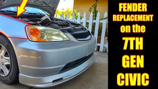 FENDER REPLACEMENT on the 7TH GEN CIVIC  2002 Honda Civic Lx [upl. by Murvyn]