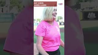 WAFF 48s Liz Hurley throws out first pitch at Rocket City Trash Pandas game [upl. by Htessil]