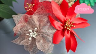 DIY Poinsettia Flower with Ribbon  Easy DIY Christmas Decorations Tutorial  Home Decoration Ideas [upl. by Tocs512]