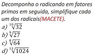 Simplificação de radicais por decomposição em fatores primos [upl. by Augy]