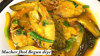 Macher Jhol Recipe Begun Diye  How To Make Light Carp Fish Curry With Aubergine  Fish Recipes [upl. by Drais]