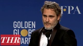 Golden Globes Winner Joaquin Phoenix Full Press Room Speech  THR [upl. by Ennovyhs]