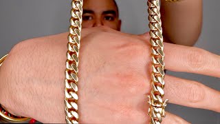 10mm Yellow Gold Miami Curb Cuban Link Chain STORYSIZINGON NECK REVIEW  Ariel Rosado [upl. by Dwan742]